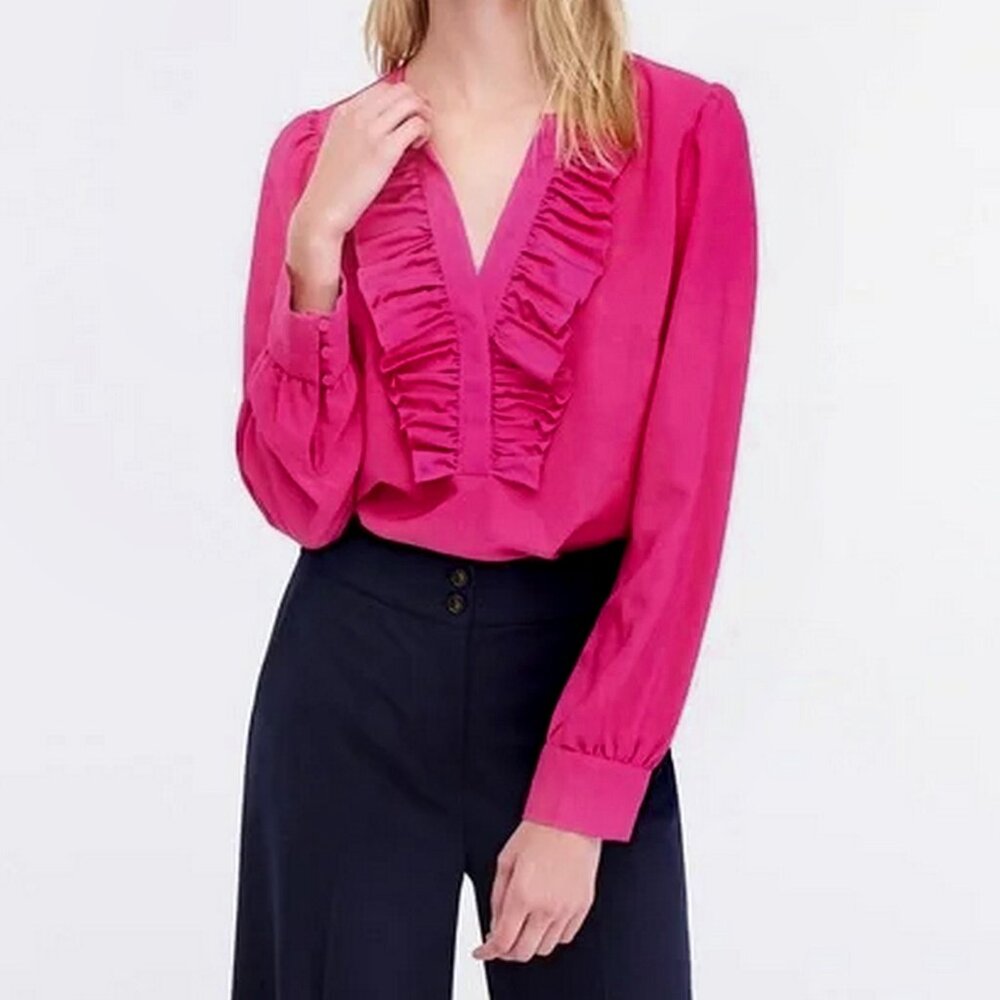 J. Crew Satin Long Sleeve Ruffle Front Crepe Top